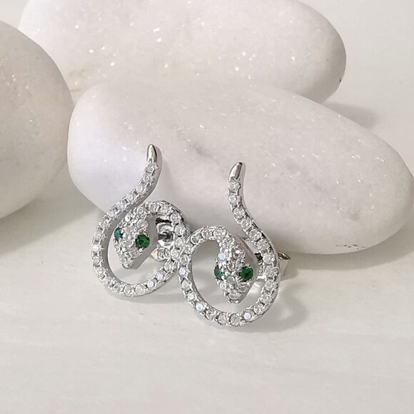 Genuine emerald gemstone CZ snake stud  earrings in Sterling Silver 🆕 - Picture 4 of 10